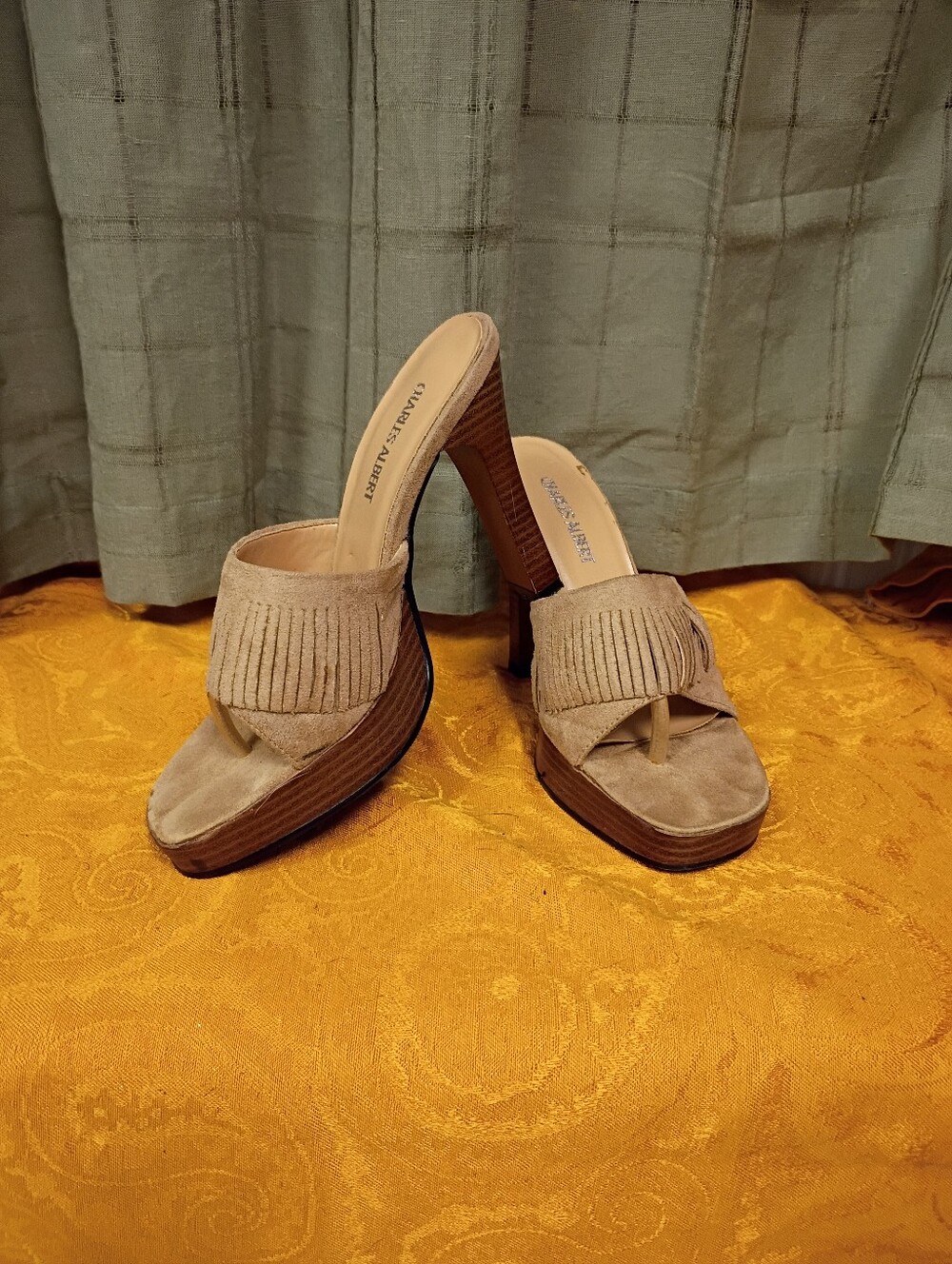 Charles Albert Tan Fringe High Heel Sandals With Wooden Heel And Base Size 8